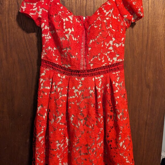 Francesca's Collections Beverly Red Lace Off-Shoulder Mini Dress - Picture 2 of 6